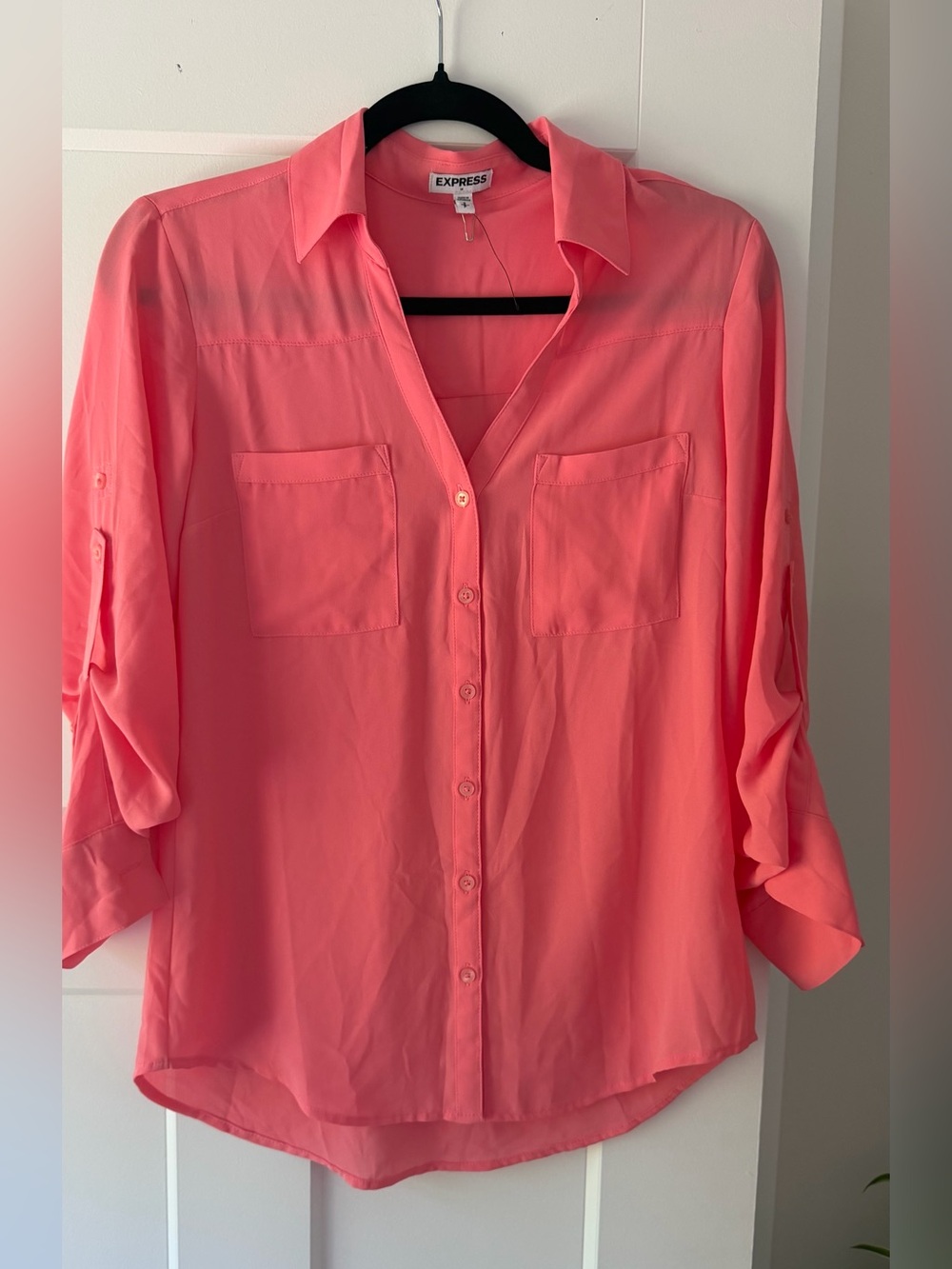 Express Coral Button-Down Shirt with Front Pockets